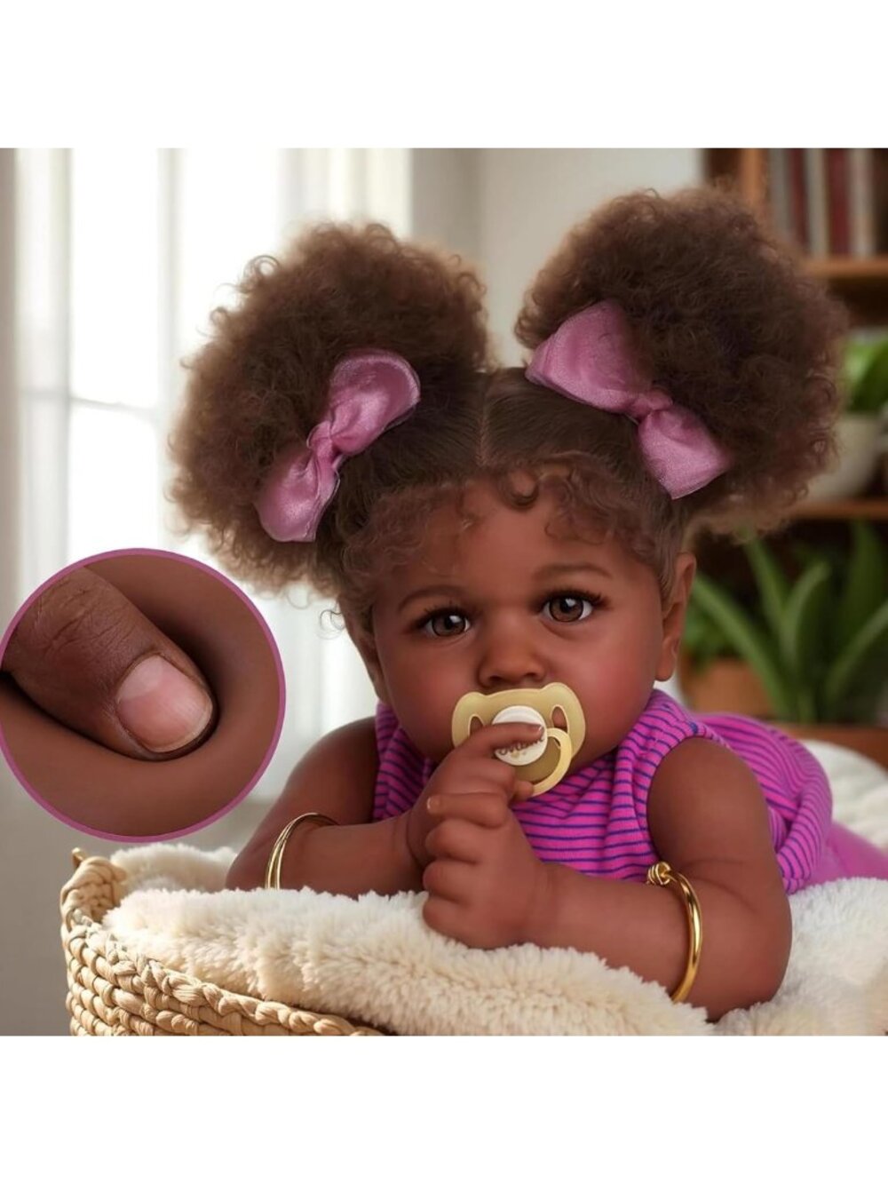 22in Black Reborn Baby Doll Weighted Curly Pigtails Realistic Newborn
